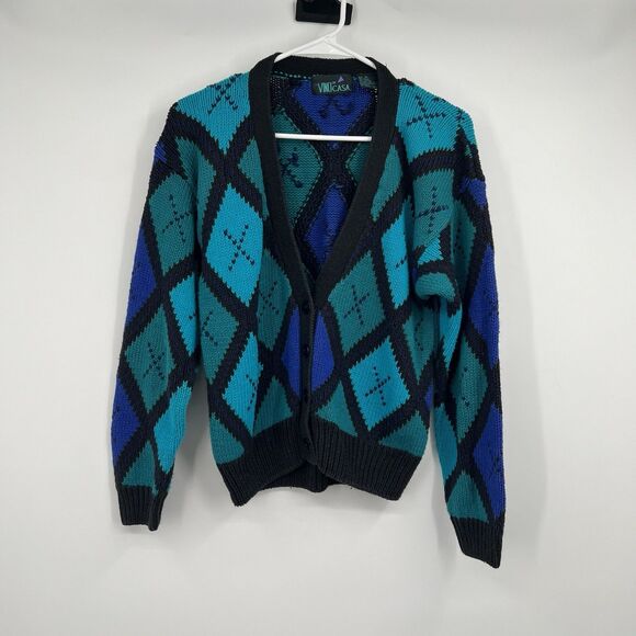 Womens VTG Button Cardigan Preppy Academia Ramie Oversized XS Argyle Blue Green - Picture 1 of 8